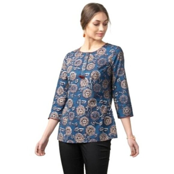 FABINDIA Printed Cotton Collared Tunic Peasant Boho Blouse Blue Size XSmall - Picture 1 of 9